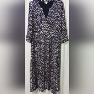J Jill Midi Dress Blue Floral Crinkle Rayon V-Neck Pockets Ankle M